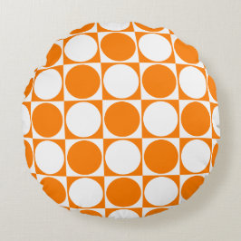 Orange & White Quadrate & Circles Design, Rundkiss Rundes Kissen