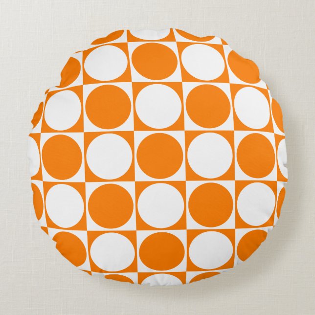 Orange & White Quadrate & Circles Design, Rundkiss Rundes Kissen (Vorderseite)
