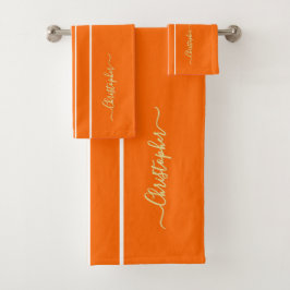 Orange White Racing Stripes Imitats Gold Mit Monog Badhandtuch Set