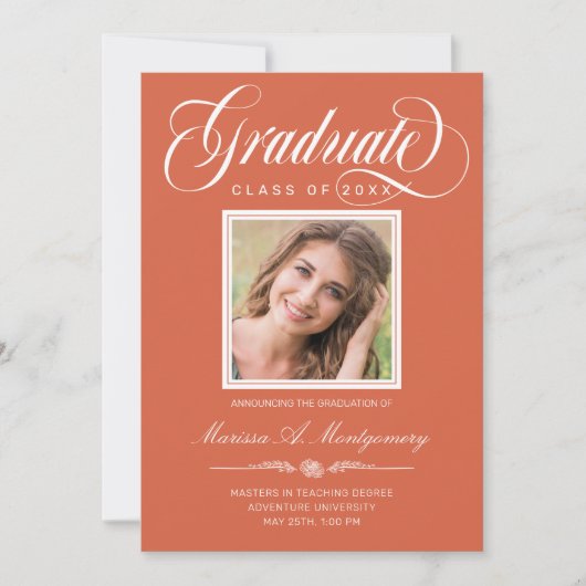 Orange White Script Zwei Foto Uni-Abschluß Ankündigung (Vorderseite)