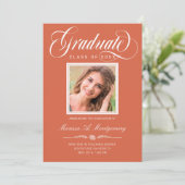 Orange White Script Zwei Foto Uni-Abschluß Ankündigung (Stehend Vorderseite)