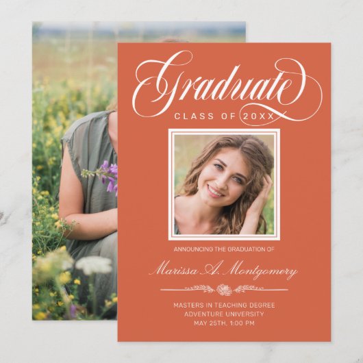 Orange White Script Zwei Foto Uni-Abschluß Ankündigung (Vorne/Hinten)