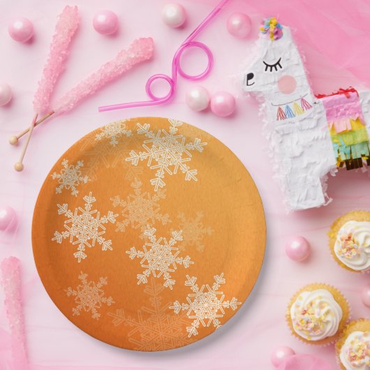 Orange White Snowflakes Minimalistisch Weihnachten Pappteller (Party)