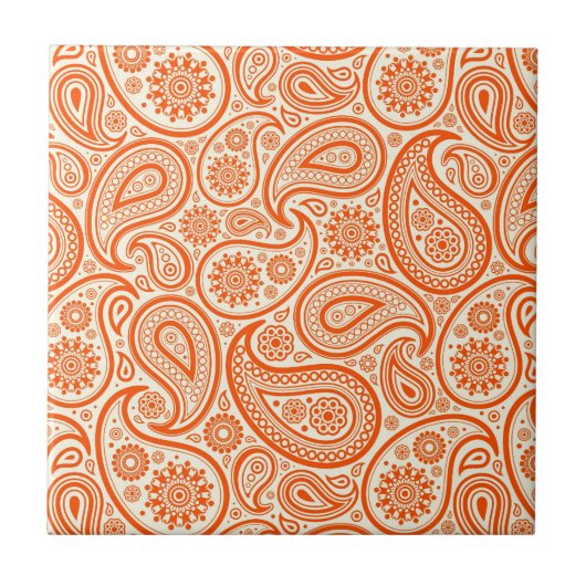 Orange & White Vintag Paisley Damask Muster Fliese (Vorderseite)