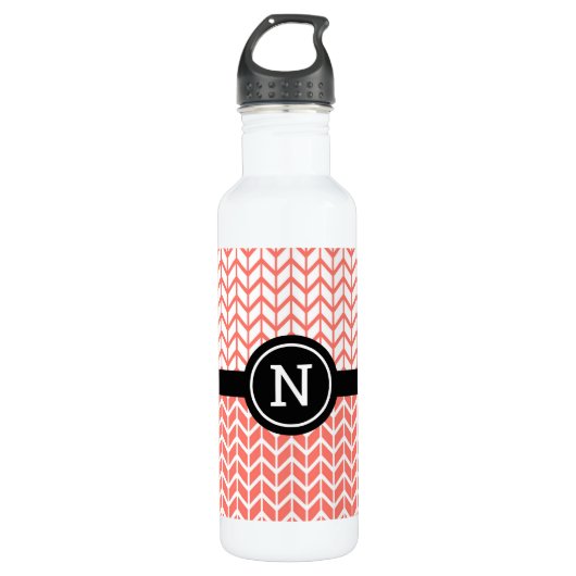 Orange White Zickzack Pattern Monogram Modern Bold Edelstahlflasche (Vorderseite)
