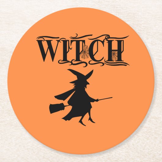 Orange Wicked Flying Witween Halloween Runder Pappuntersetzer (Vorderseite)