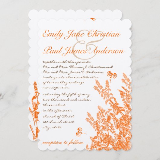 Orange Wild Blume und Bienen Einladungen für Hochz (Vorne/Hinten)