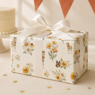 Orange Wildblumen Pferd- und Schmetterlingsmuster Geschenkpapier