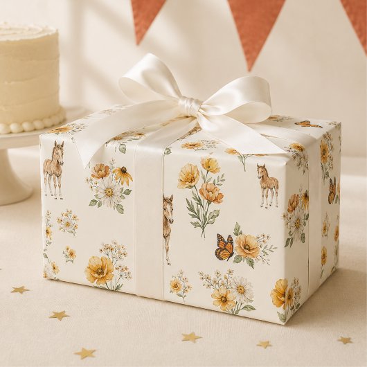 Orange Wildblumen Pferd- und Schmetterlingsmuster Geschenkpapier