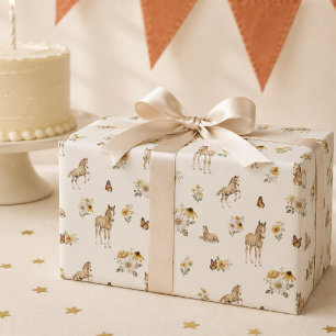 Orange Wildblumen Pferd- und Schmetterlingsmuster Geschenkpapier
