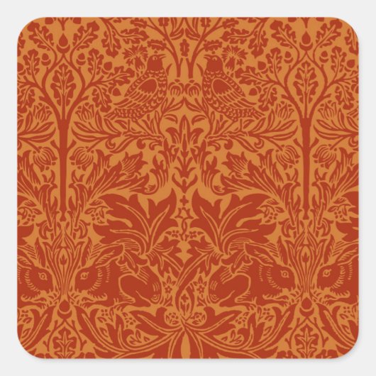 Orange William Morris Vögel und Blumen Quadratischer Aufkleber (Vorderseite)