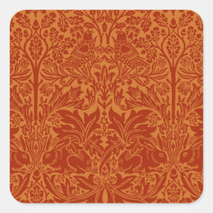 Orange William Morris Vögel und Blumen Quadratischer Aufkleber