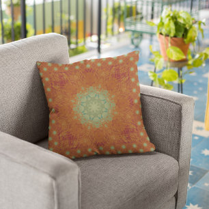 Orange Wine Sage Green Wavy Mandala Tile Kissen