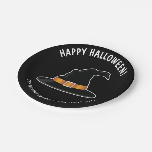 Orange Witch Hat Hexe Happy Halloween Pappteller (Schrägansicht)