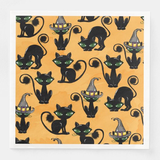 ORANGE WITH CUTE HALLOWEEN CATS WITH GREEN EYES SERVIETTE (Vorderseite)