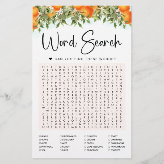 Orange Word Search Game Brautparty Card (Vorderseite)