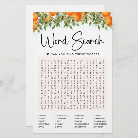 Orange Word Search Game Brautparty Card (Vorne/Hinten)