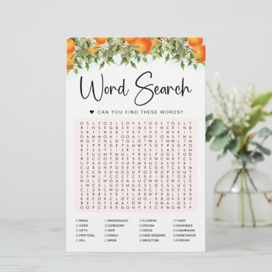 Orange Word Search Game Brautparty Card (Stehend Vorderseite)