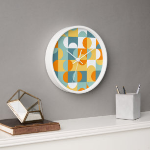 Orange Yellow Aquamarin Blue Seafoam Retro Art Mus Uhr