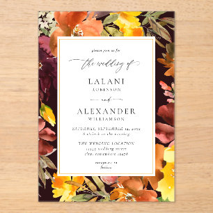 Orange & Yellow Fall Floral Wedding -3 Burgund Acryleinladungen