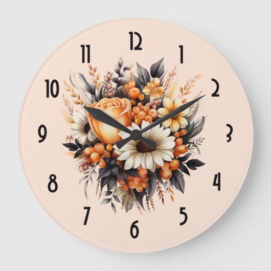 Orange Yellow Gray Blume Bouquet Große Wanduhr (Vorderseite)