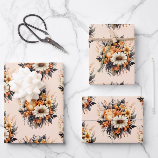 Orange Yellow Gray Blume Bouquet Pattern Geschenkpapier Set (Vorderseite)