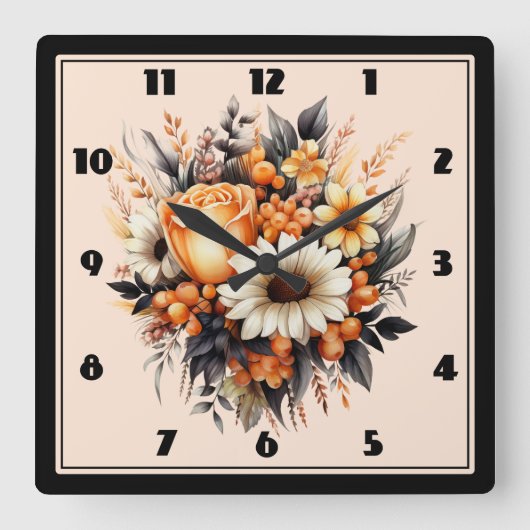 Orange Yellow Gray Blume Bouquet Quadratische Wanduhr (Vorderseite)
