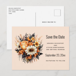 Orange Yellow Gray Blume Bouquet Save the Date Einladungspostkarte