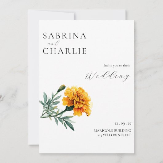 Orange Yellow Marigold Boho Botanical Wedding Einladung (Vorderseite)