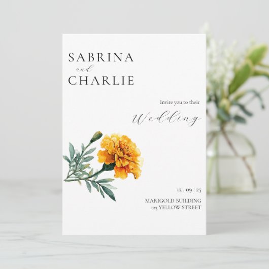 Orange Yellow Marigold Boho Botanical Wedding  Einladung (Stehend Vorderseite)