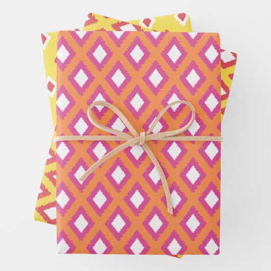 Orange, Yellow & Pink Tribal Diamond Ikat Muster Geschenkpapier Set (Beispiel)
