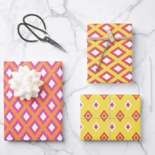 Orange, Yellow & Pink Tribal Diamond Ikat Muster Geschenkpapier Set