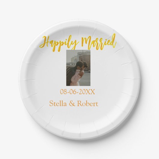 Orange yellow retro photo happily married couple pappteller (Vorderseite)