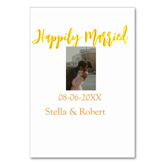 Orange yellow retro photo happily married couple tischnummer (Vorderseite)