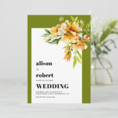 Orange, yellow rhododendron olive green wedding einladung (Stehend Vorderseite)