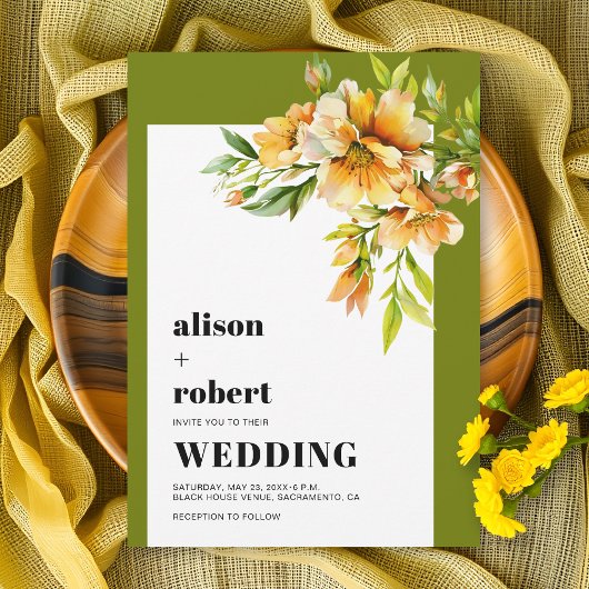 Orange, yellow rhododendron olive green wedding einladung