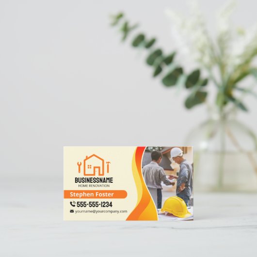 Orange Yellow Zuhause Renovation Contractor Builde Visitenkarte (Stehend Vorderseite)
