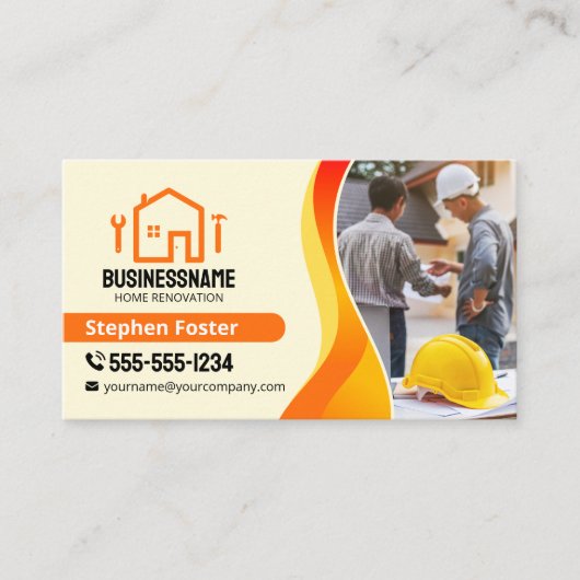 Orange Yellow Zuhause Renovation Contractor Builde Visitenkarte (Vorderseite)