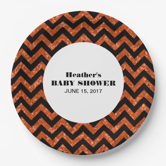 Orange Zickzack Glitzer Babydusche Teller (Vorderseite)