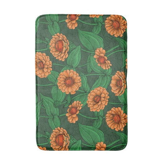 Orange Zinnia Blume, grüne Blätter auf dunkelgrün Badematte (Vorderseite Vertikal)