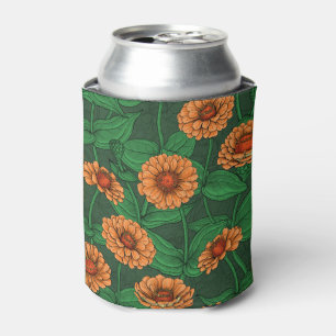 Orange Zinnia Blume, grüne Blätter auf dunkelgrün Dosenkühler