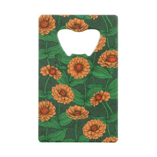 Orange Zinnia Blume, grüne Blätter auf dunkelgrün Geldbeutel Flaschenöffner