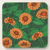 Orange Zinnia Blume, grüne Blätter auf dunkelgrün Getränkeuntersetzer (Vorderseite)