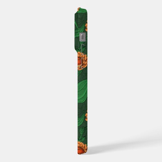 Orange Zinnia Blume, grüne Blätter auf dunkelgrün iPhone Hülle (Linke Seite)