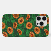 Orange Zinnia Blume, grüne Blätter auf dunkelgrün iPhone Hülle (Rückseite (Horizontal))
