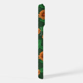 Orange Zinnia Blume, grüne Blätter auf dunkelgrün iPhone Hülle (Rechte Seite)