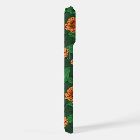 Orange Zinnia Blume, grüne Blätter auf dunkelgrün iPhone Hülle (Rechte Seite)