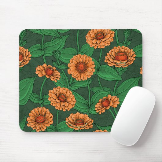 Orange Zinnia Blume, grüne Blätter auf dunkelgrün Mousepad (Mit Mouse)
