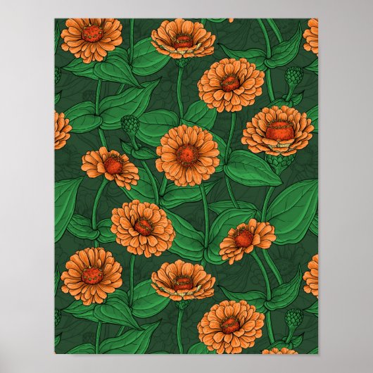 Orange Zinnia Blume, grüne Blätter auf dunkelgrün Poster (Vorne)