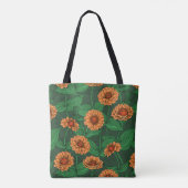 Orange Zinnia Blume, grüne Blätter auf dunkelgrün Tasche (Rückseite)